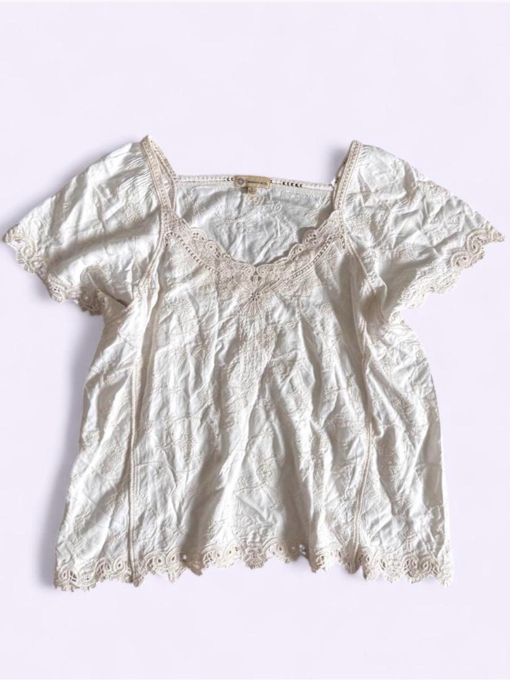 Democracy White Embroidered Lace Trim Cottagecore Boho Rayon Top Size L